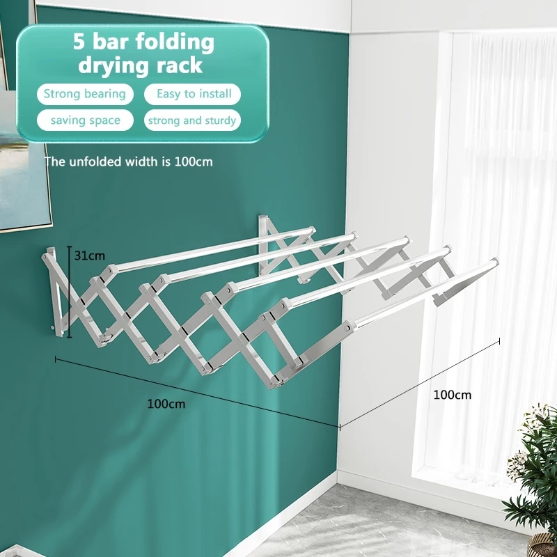 OM Stainless Steel Retractable Wall Mounted Clothes Hanger 5 Bar x 1Meter