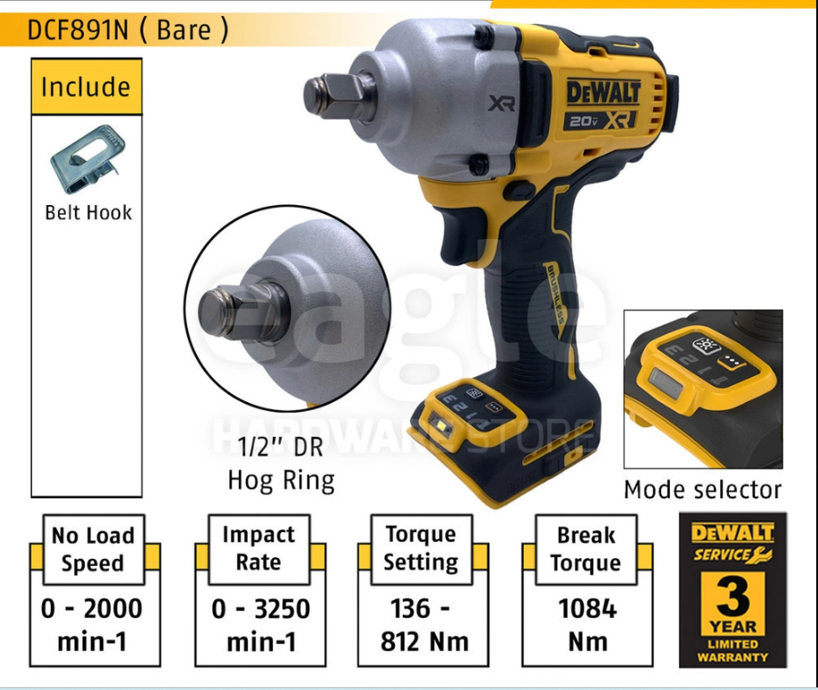 DEWALT DCF891N-B1 1/2" 18/20V BRUSHLESS CORDLESS MID TORQUE IMPACT WRENCH, HOG RING DCF891N ( BARE UNIT )