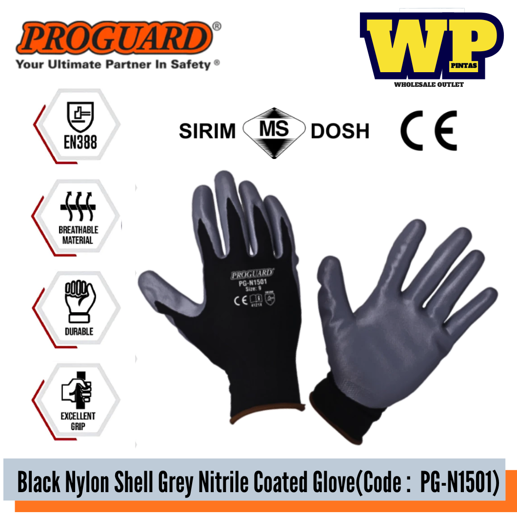 PROGUARD - BLACK NYLON SHELL GREY NITRILE COATED GLOVE(SIRIM & DOSH) - ALL SIZE / 15 GAUGE BLACK NYLON SHELL / GENERAL GLOVE / GRIP GLOVE / GREY NITRILE GLOVE / ABRASION RESISTANCE GLOVE / INDUSTRY GRADE GLOVE / HAND PROTECTION / GLOVE / PG-N1501