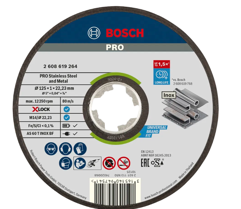 BOSCH PRO STAINLESS STEEL AND METAL BONDED CUTTING DISC (125 X 1 X 22.23 MM) X-LOCK STRAIGHT (2608619262)