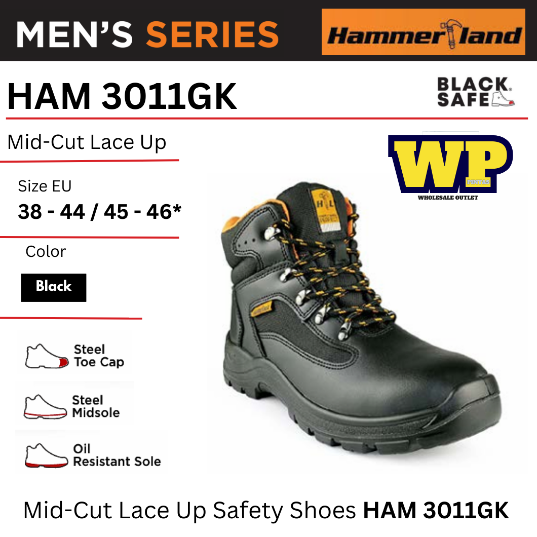HAMMERLAND (HAMMERLAND FOR BLACK HAMMER) HAMMERLAND MID-CUT LACE UP SAFETY SHOES - HAM 3011GK / BLACK HAMMER / BLACK SAFE / MID-CUT LACE UP / SAFETY SHOES / SAFETY BOOTS / FOOT PROTECT / KASUT KILANG / KASUT KESELAMATAN / HAM 3011GK