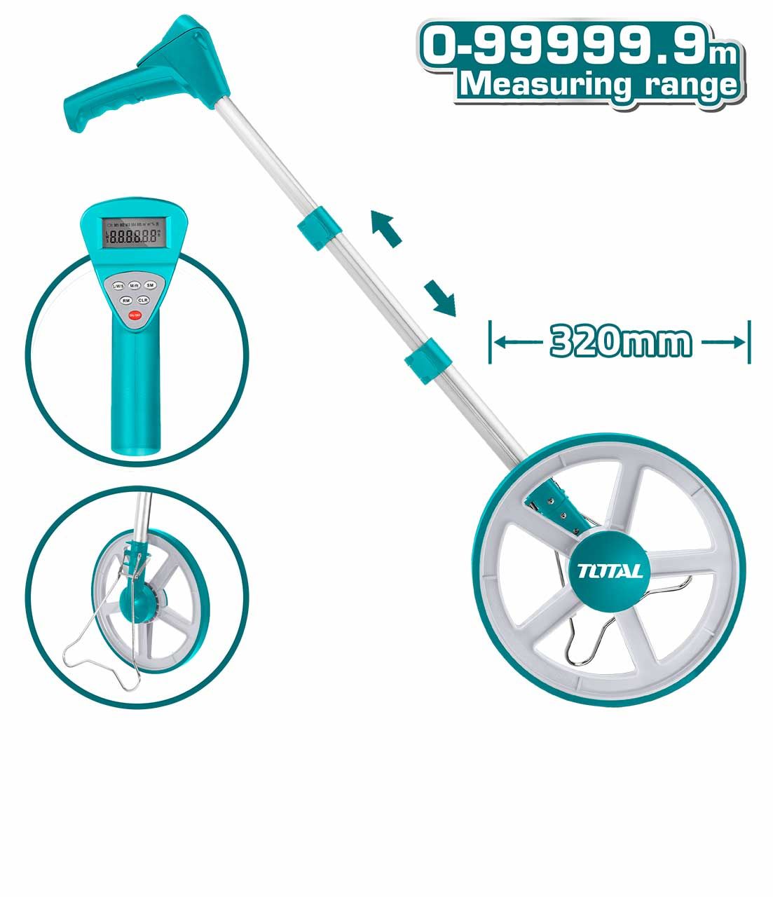 TOTAL DIGITAL DISTANCE MEASURING WHEEL RANGE: 0 - 99999.9M WITH LCD SCREEN + MEMORY ADJUSTABLE HEIGHT: 40" - TMT19923