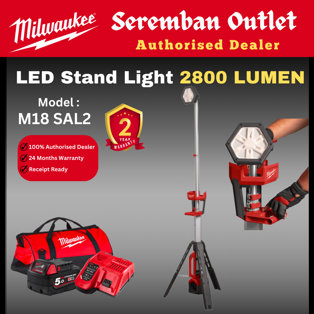 Milwaukee M18 LED Stand Light 2800 Lumen / M18 SAL2 / Work Light / Task Light / Construction Light / Standing Light / Milwaukee Stand Light / Lampu Kerja / Milwaukee Light / Milwaukee Lampu
