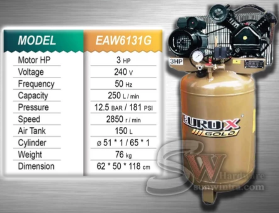 UROPOWER EUROX 3HP 150L 12Bar High Pressure Heavy Duty Vertical Air Compressor EAW 6131G