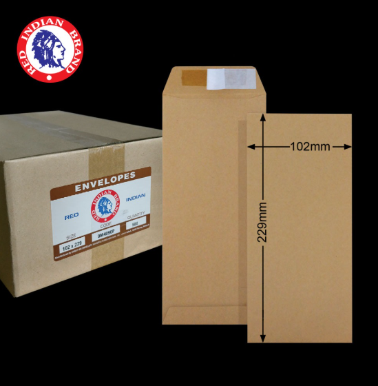 RED INDIAN 4"X9" RED INDIAN 90GM BROWN MANILA P&S POCKET ENVELOPE (500'S X 2 BOXES)
