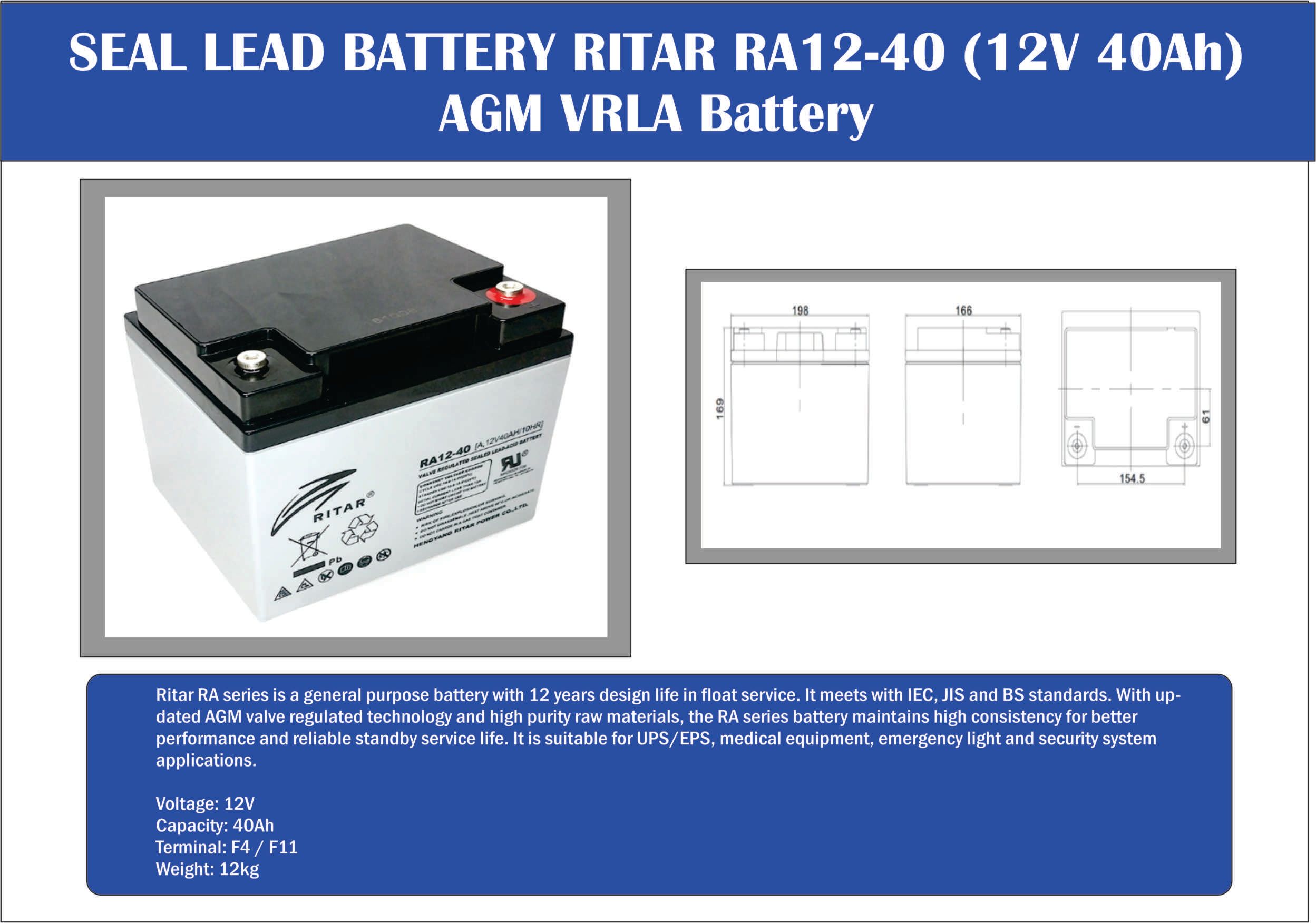 RITAR RA12-40 (12V 40Ah) OCHA SEAL LEAD BATTERY RITAR RA12-40 (12V 40Ah) AGM VRLA Battery