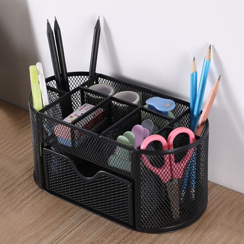 AGL Multifunctional Metal Wrought Iron 9 Grid Pen Holder Stationery with Drawer Compartment HM307 Pemegang Pen