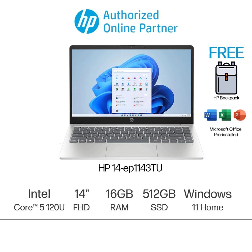 HP 14-ep1143TU 14" FHD Laptop Natural Silver ( C5-120U, 16GB, 512GB SSD, Intel, W11, HS+M365 )