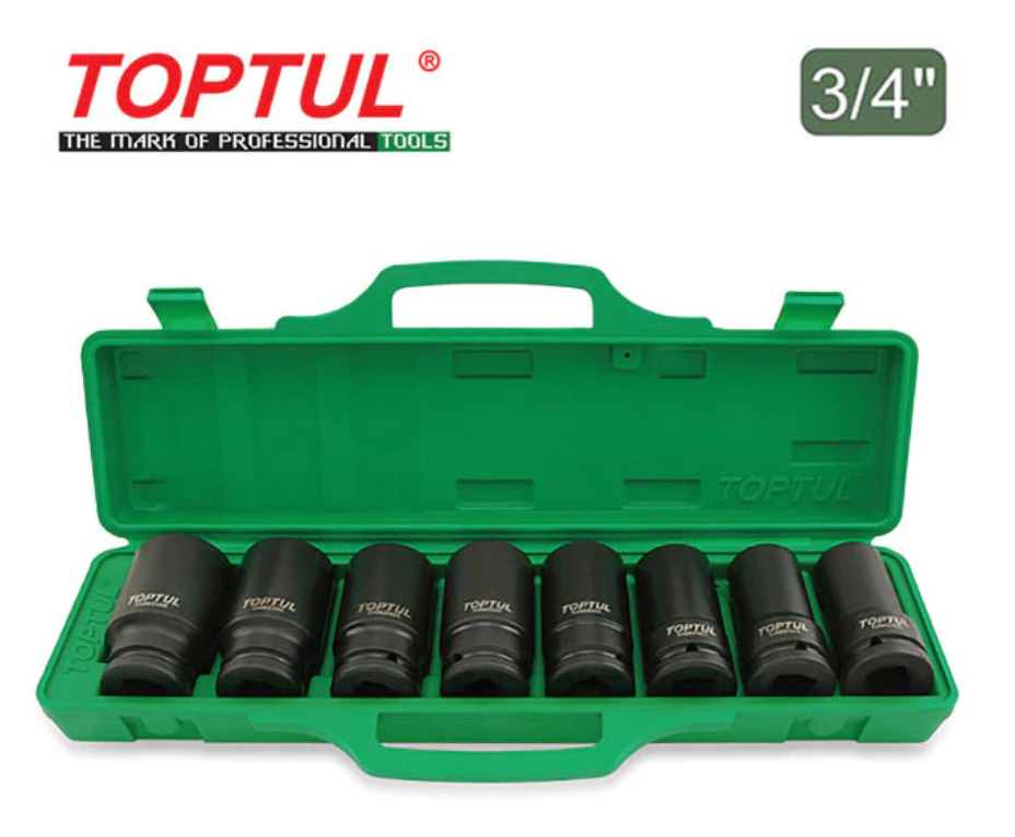 TOPTUL 8PCS 3/4" DR. 6PT Flank Deep Impact Socket Set (22-38mm) GDAI0804