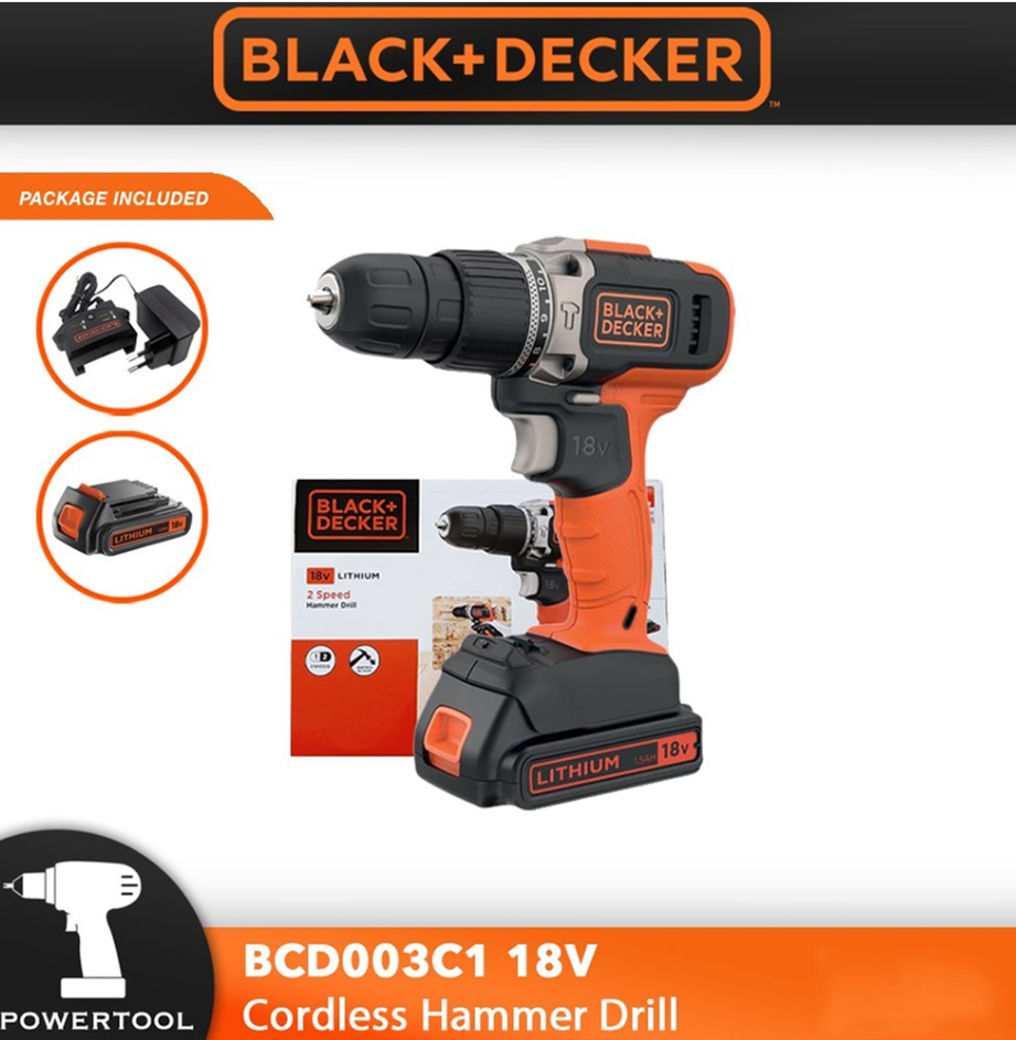 BLACK & DECKER HAMMER DRILL 18V 1.5AH LITHIUM-ION ( BCD003C1 )