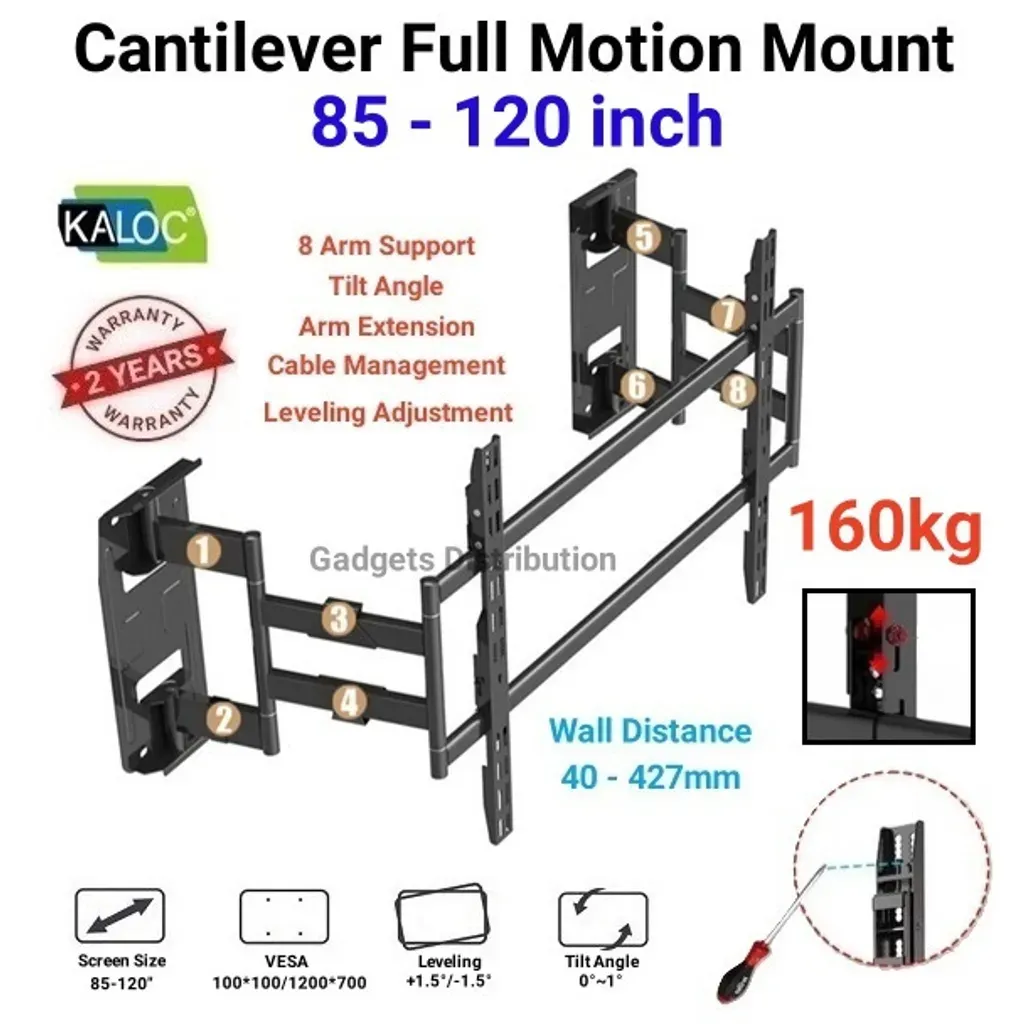 KALOC NX120 85 to 120 Inch Large Heavy Duty Cantilever Full Motion Tilt TV Wall Bracket Mount