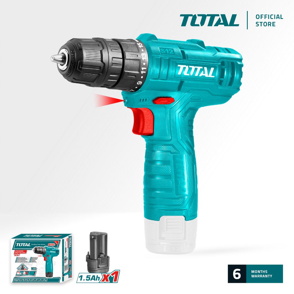TOTAL TDLI12415 LI-ION CORDLESS DRILL (PACKAGE COMES WITH 1 PC 12V LITHIUM-ION 1.5AH BATTERIES 1 PC 12V BATTERY CHARGER 1 PC CR-V BIT)