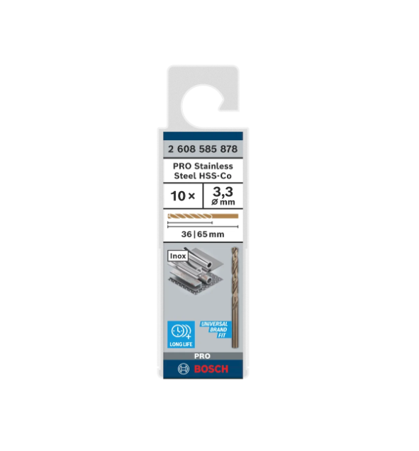 BOSCH PRO STAINLESS STEEL HSS-CO TWIST DRILL BIT 3.3 X 36 X 65 MM (10 PCS) (2608585878)