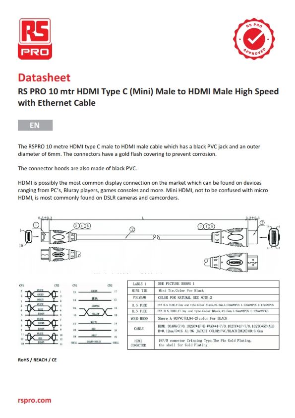 - *4K - Mini HDMI to HDMI Cable, Male to Male - 10m
