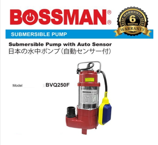 BOSSMAN BVQ250F 250W SUBMERSIBLE PUMP WITH AUTO SENSORR + PVC FLEXIBLE CLEAR HOSE SIZE: D2" (50MM) X T4MM XL30MTR