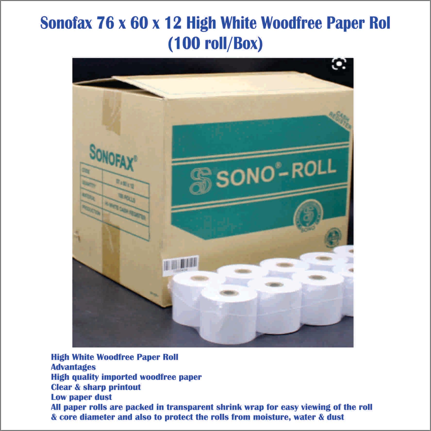 Sonofax OCHA Cash Register High White Roll 76 mm x 60 mm x 12mm ( 100 roll /boxes)- free delivey semenanjung