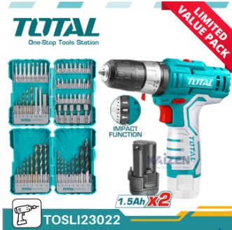 TOTAL TOSLI23022 LI-ION IMPACT DRILL (PACKAGE COMES WITH 2 PCS 12V LITHIUM-ION 1.5AH BATTERIES 1 PC 12V BATTERY CHARGER 1 SET TACSDL24501 45 PCS TORSION SCREWDRIVER BIT SET 1 SET TACSDL11601 16 PCS METAL CONCRETE & WOOD DRILL BITS SET)