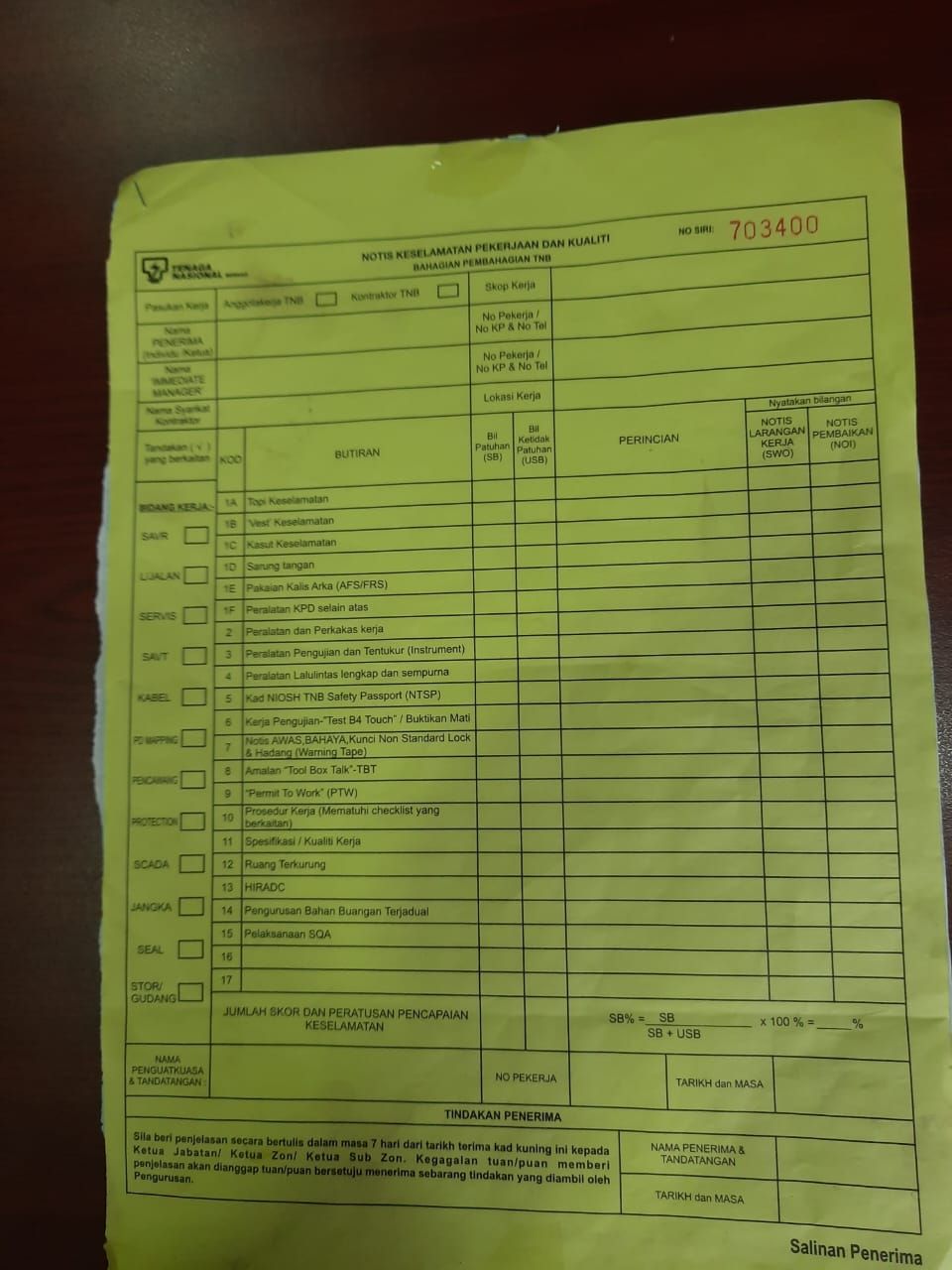 Buku Notis Keselamatan Pekerjaan Dan Kualiti