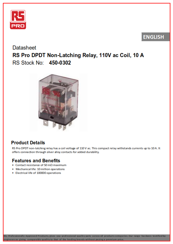 RS PRO *RS PRO Plug In Power Relay, 110V ac Coil, 10A Switching Current, DPDT