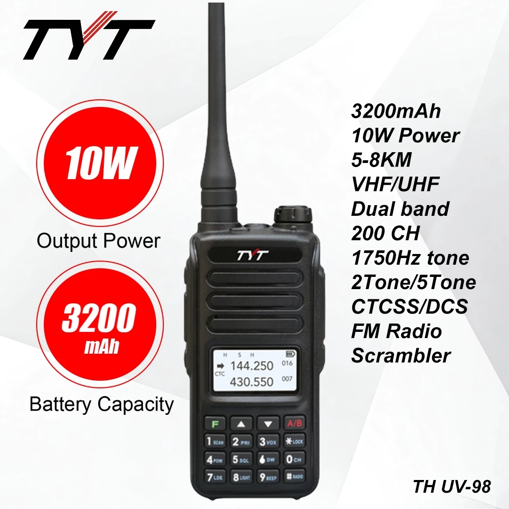 TYT UV98 Walkie Talkie 10W Power 3200mAh Dual Band UHF VHF