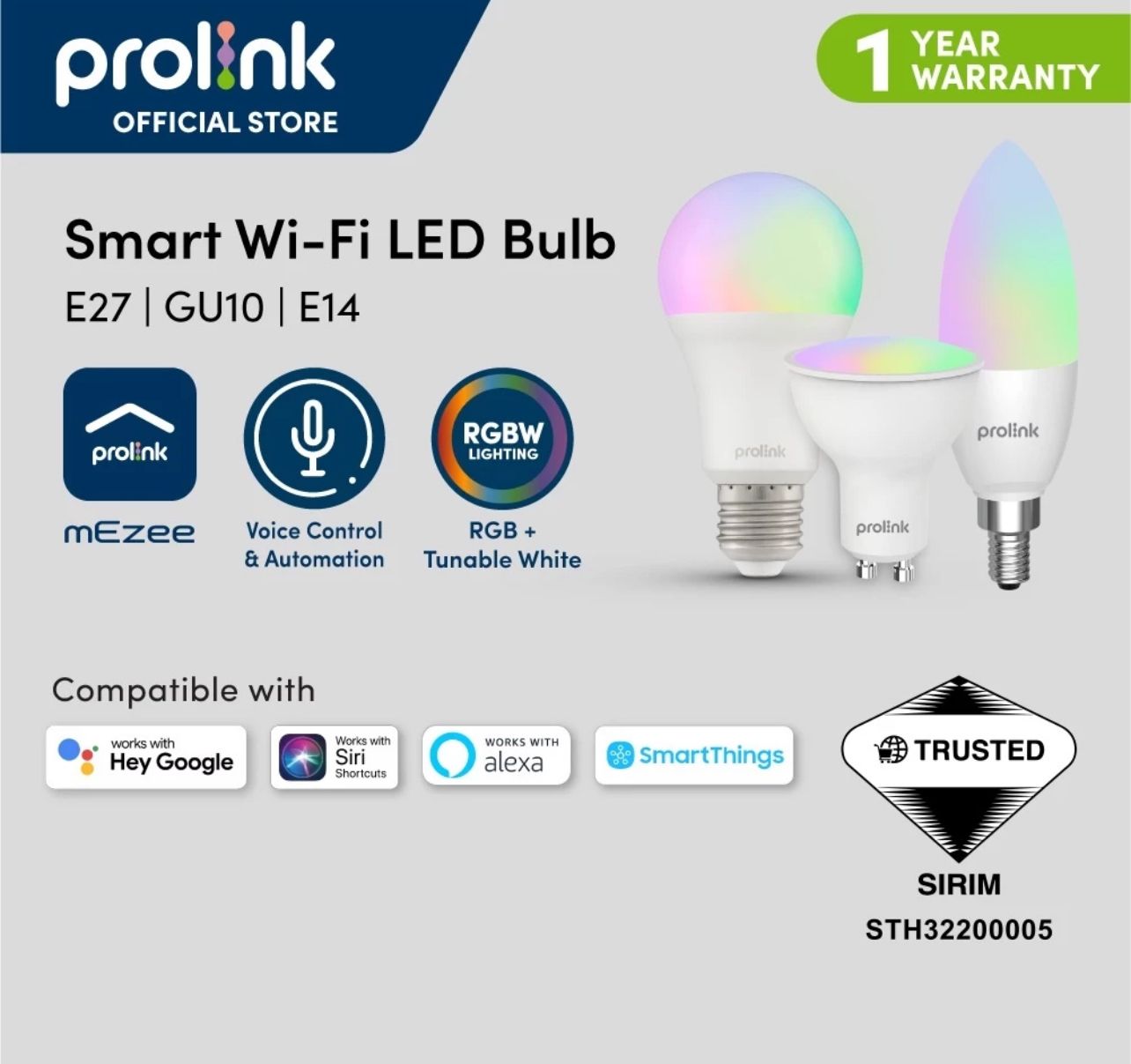 Prolink Smart LED Bulb - E27/E14/GU10, Colour Adjustable, Smart Timer. Works with Alexa,