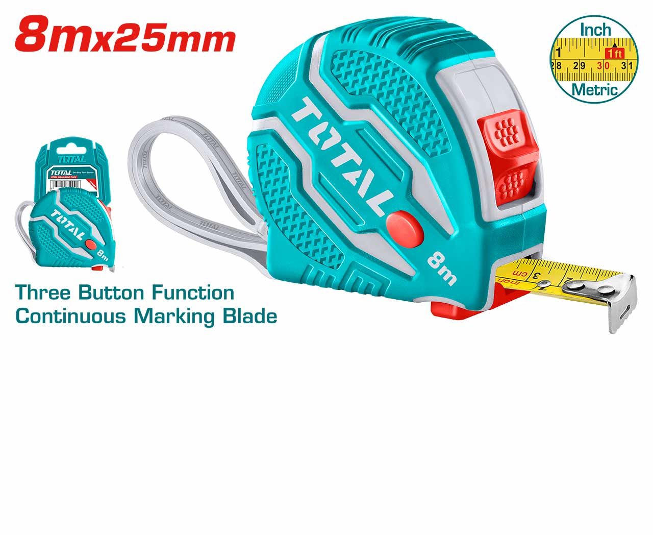 TOTAL STEEL MEASURING TAPE 8M READING IN METRIC & IMPERIAL (INCHES & FEET) - TMT126081