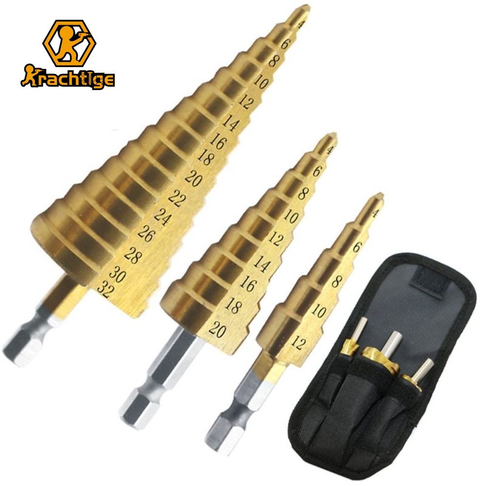 Bosch 3pcs Hss Step Drill Bit Set Titanium Coated Cone Taper Hex Drill Bits Hole Cutter Metric Spiral Center Step Drills