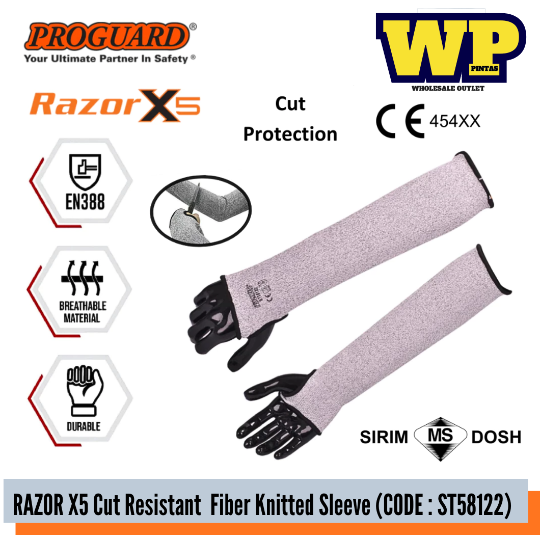 PROGUARD - RAZOR X5 CUT RESISTANT FIBER KNITTED SLEEVES (SIRIM & DOSH) / RAZOR X5 SLEEVES / GENERAL ARM SLEEVES / GLASS INDUSTRY ARM PROTECTION / CONSTRUCTION SLEEVES / ELECTRICAL WORK SLEEVES / ARM PROTECTION / SLEEVES / ST58122