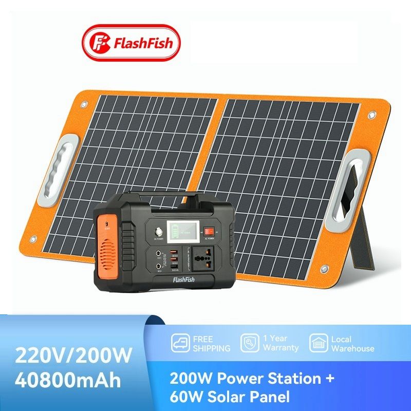 Flashfish 200W Portable Power Station with 60W Solar Panel Solar Charger Set