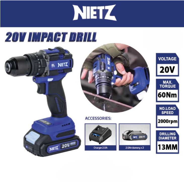 NIETZ NZ20-ID13A 20V BRUSHLESS CORDLESS IMPACT DRILL ELECTRIC DRIVER 60NM
