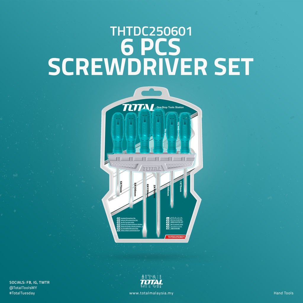 TOTAL SCREWDRIVER SET SLOTTED/FLAT SL5 + SL5 + SL6 (3 PCS) + PHILLIPS PH1 + PH1 + PH2 (3 PCS) THTDC250601