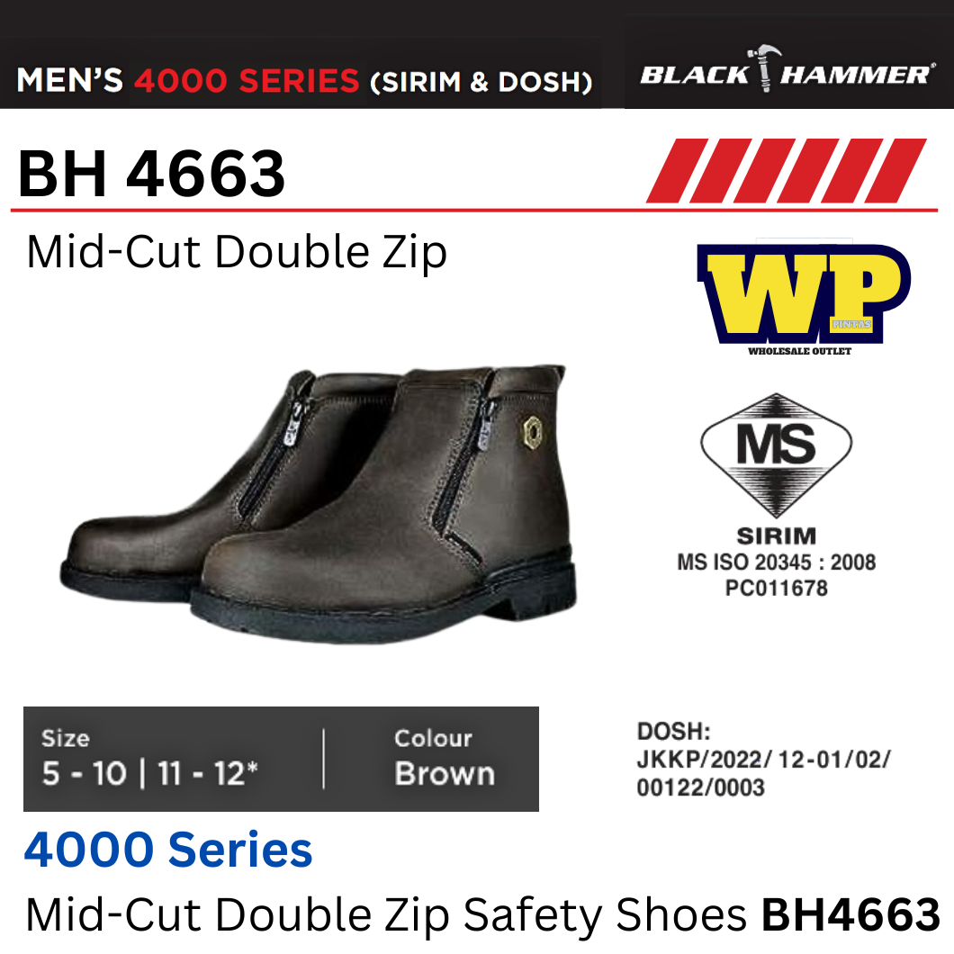 Black Hammer 4000 Series Mid-Cut Double Zip Safety Shoes (SIRIM & DOSH) - BH4663 / Black Hammer / Black Safe / Mid-Cut Double Zip / Safety Shoes / Safety Boots / Foot Protect / Kasut Kilang / Kasut Keselamatan / BH4663