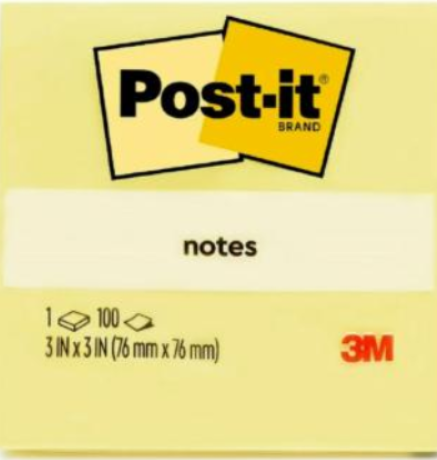 3M POST IT NOTES 3" X 3" (654) 100'S - YELLOW