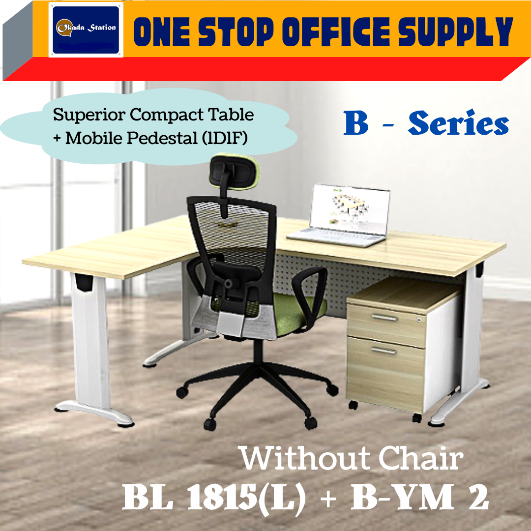 VS SUPERIOR COMPACT TABLE + MOBILE PEDESTAL SET (BL 1815(L) + B-YM 2) / B-SERIES / L-SHAPE DESK / L-SHAPE TABLE / TABLE WITH PEDESTAL / STANDARD TABLE SET / STANDARD OFFICE FURNITURE SET / L-SHAPE TABLE(Left Side) / BL 1815 / B-YM 2 / EXECUTIVE TABLE