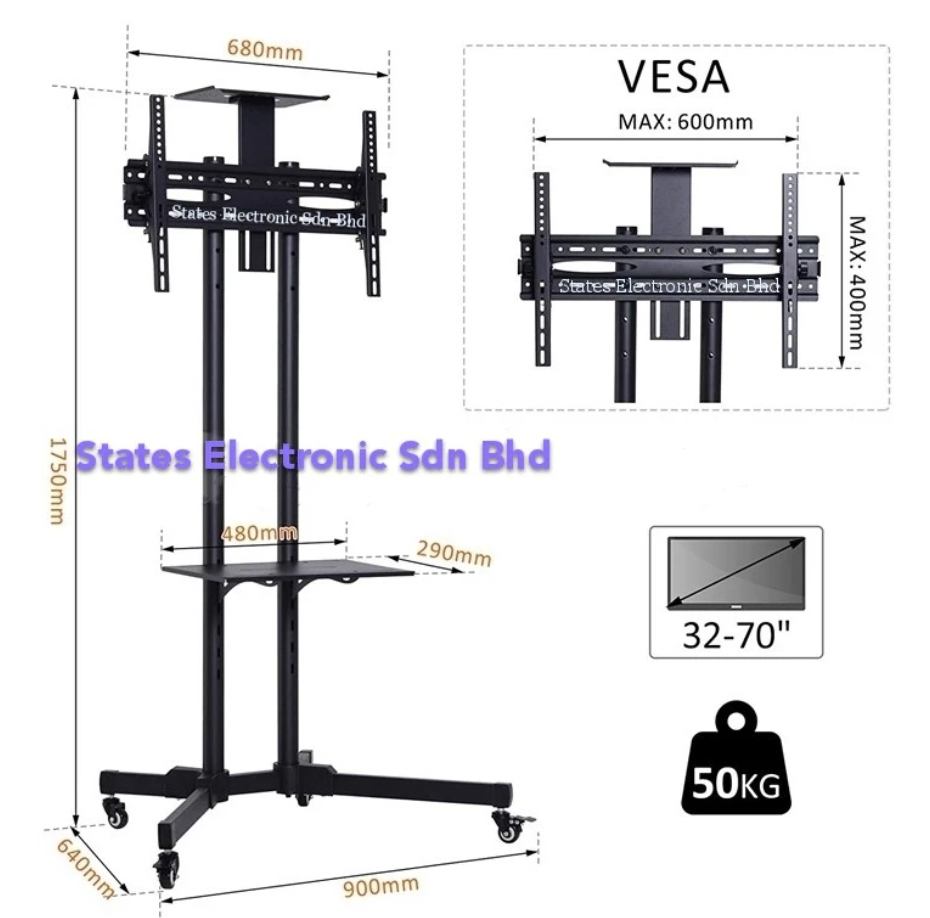 TV Stand Mobile Cart Trolley 32-65" with Shelf (CART-1500)