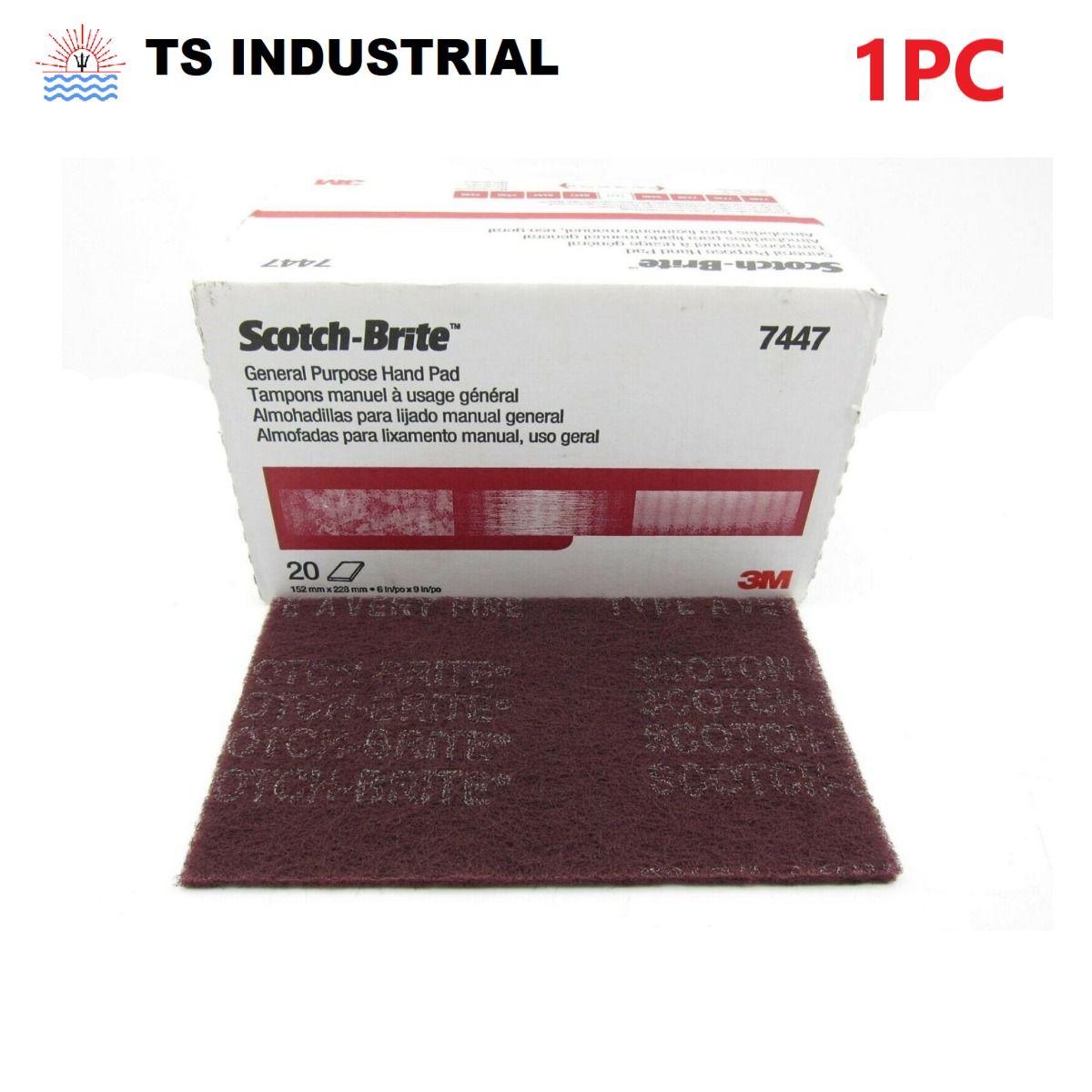1PC 3M 7447 6" x 9" Scotch Brite maroon General Purpose Hand Pad