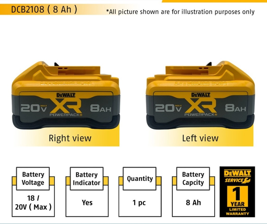 DEWALT DCB2108-B1 20V 8.0 AH LI-ION BATTERY PACK, POWER INDICATOR, 1PC