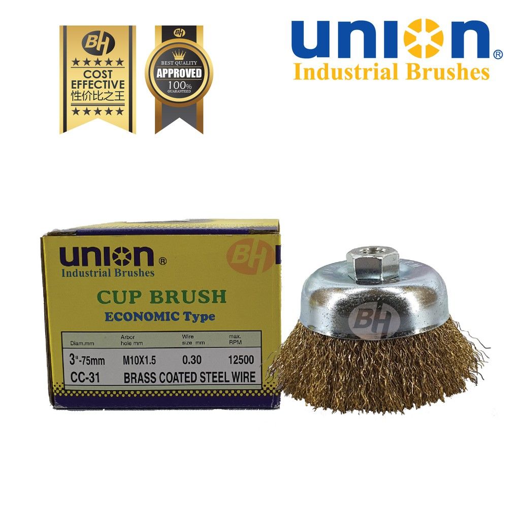 3" UNION CUP BRUSH M10 X 1.5MM BRASS COATED STEEL WIRE