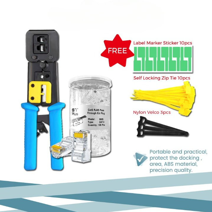 CAT 6 NETWORK CABLE EZI CRIMPING TOOL SET FIVE IN ONE WITH CRIMPING TOOL+NETWORK PLUG+LABEL MARKER+ZIP TIE