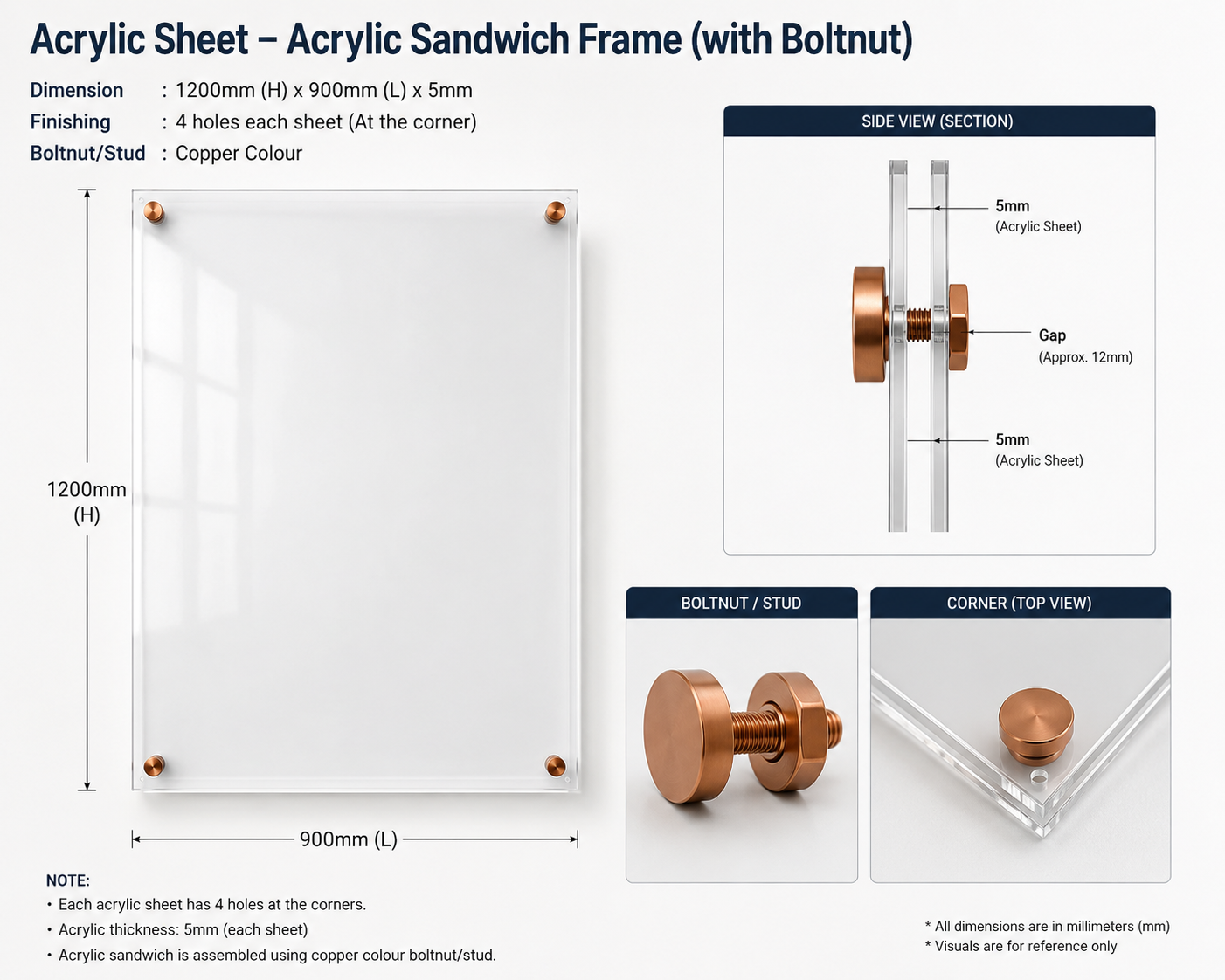 Acrylic Sheet – Acrylic Sandwich Frame (with Boltnut)  Dimension 1200mm (H) x 900mm (L) x 5mm