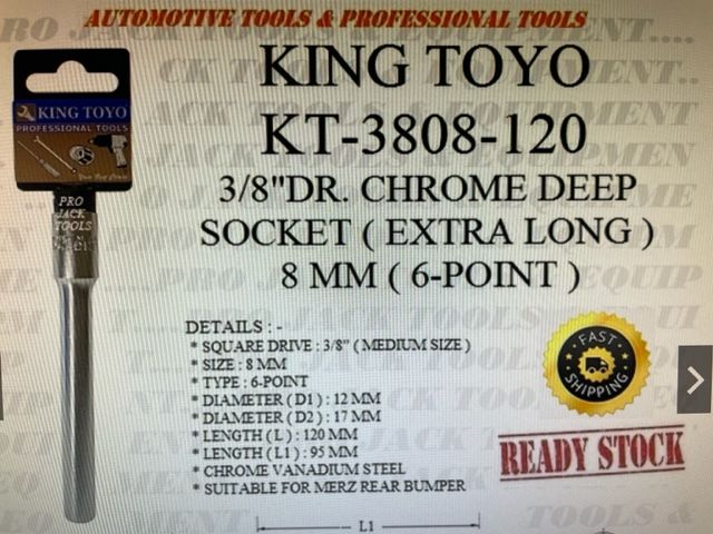TOYO KT-3808-120 ~ Original KING TOYO 3/8"Dr. Chrome Deep Socket ( Extra Long ) - 8mm ( 6-point )