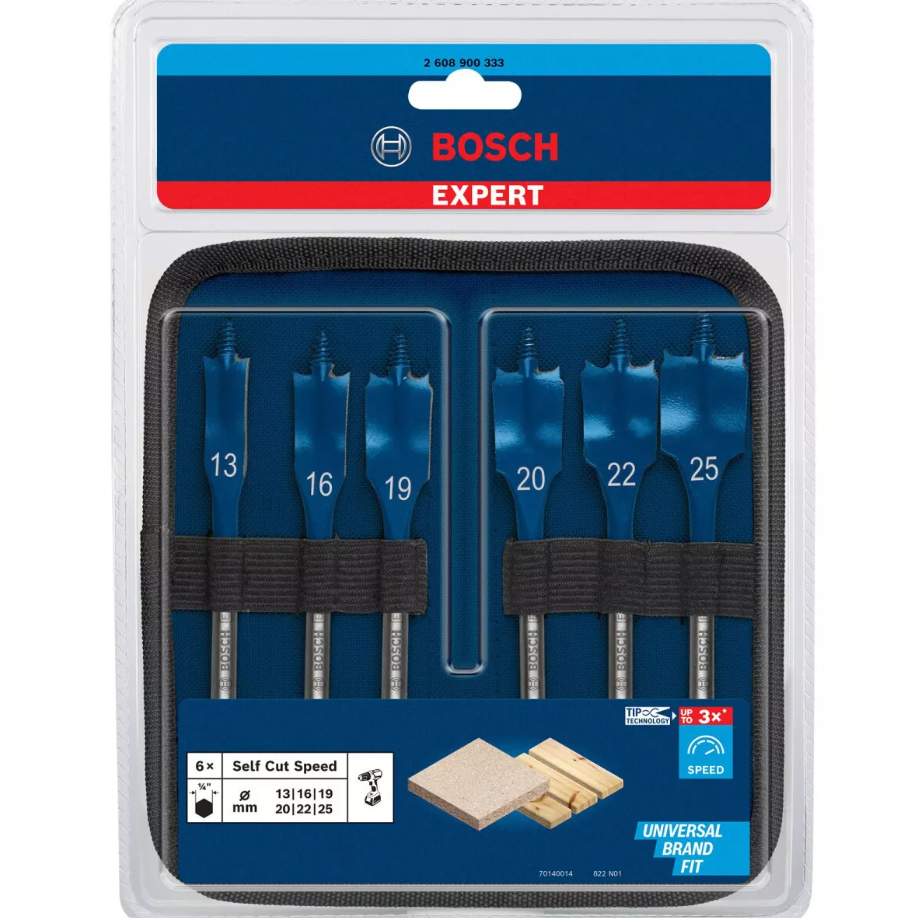 BOSCH EXPERT SELF CUT SPEED SPADE DRILL BIT SET 13/16/19/20/22/25 MM 6-PC (2608900333)