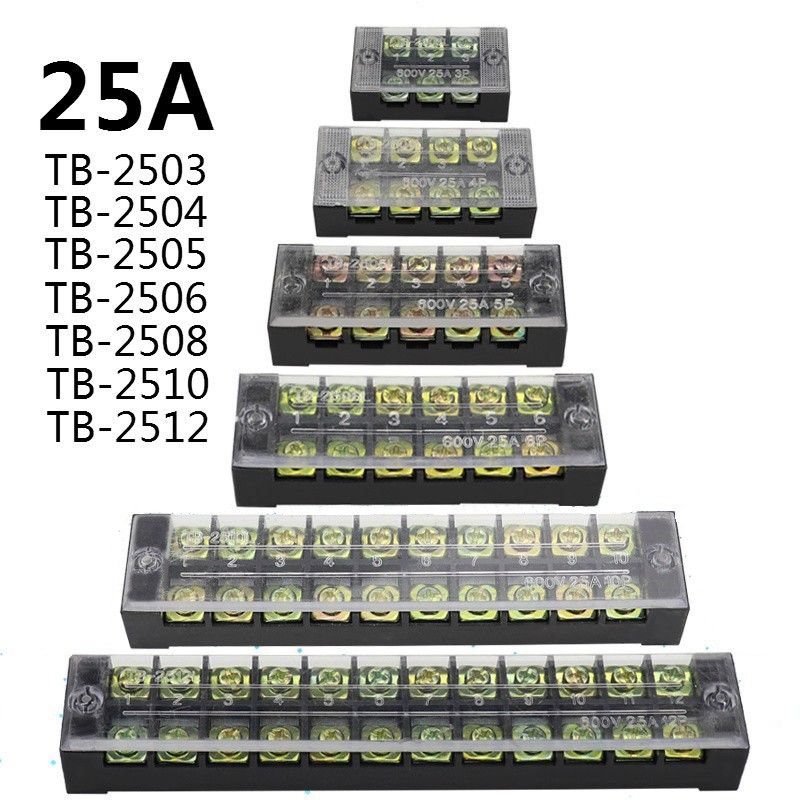 a 1Pcs Dual Row Strip Screw Terminal Block 25A 600V Fixed Wiring Board wire connector TB-2503/TB-2506/TB-2510/TB-2512