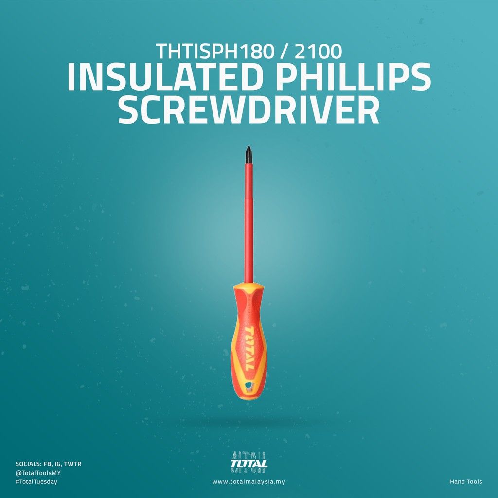 TOTAL INSULATED PHILLIPS SCREWDRIVER (PH1 X 80MM/PH2 X 100MM/VOLTAGE RANGE 1000V) THTISPH180/THTISPH2100 (VDE Approved Certifications)