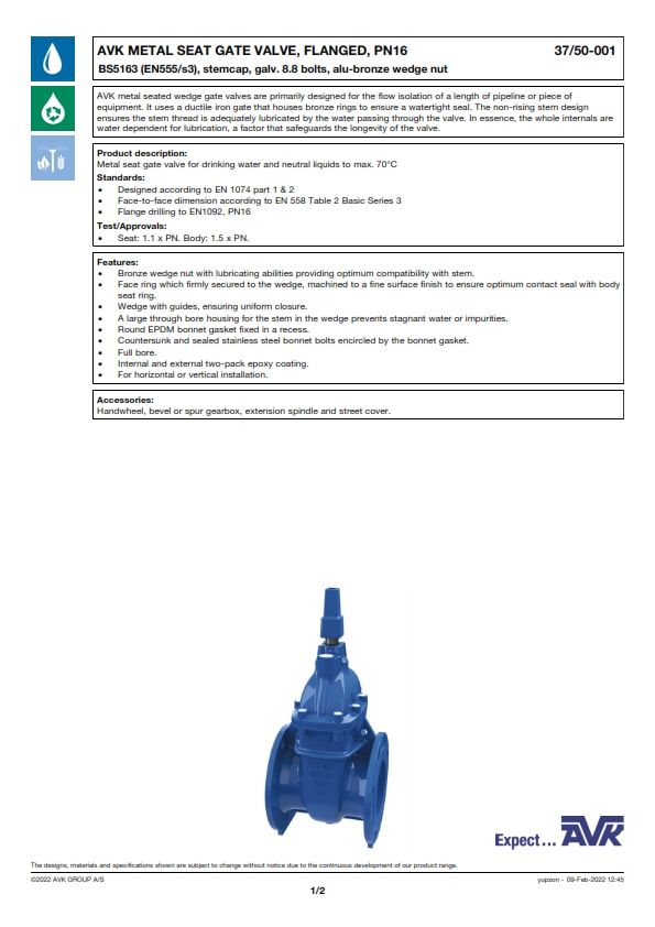 AVK *AVK METAL SEAT GATE VALVE, FLANGED DN100mm PN16 - 37-100-50-210001