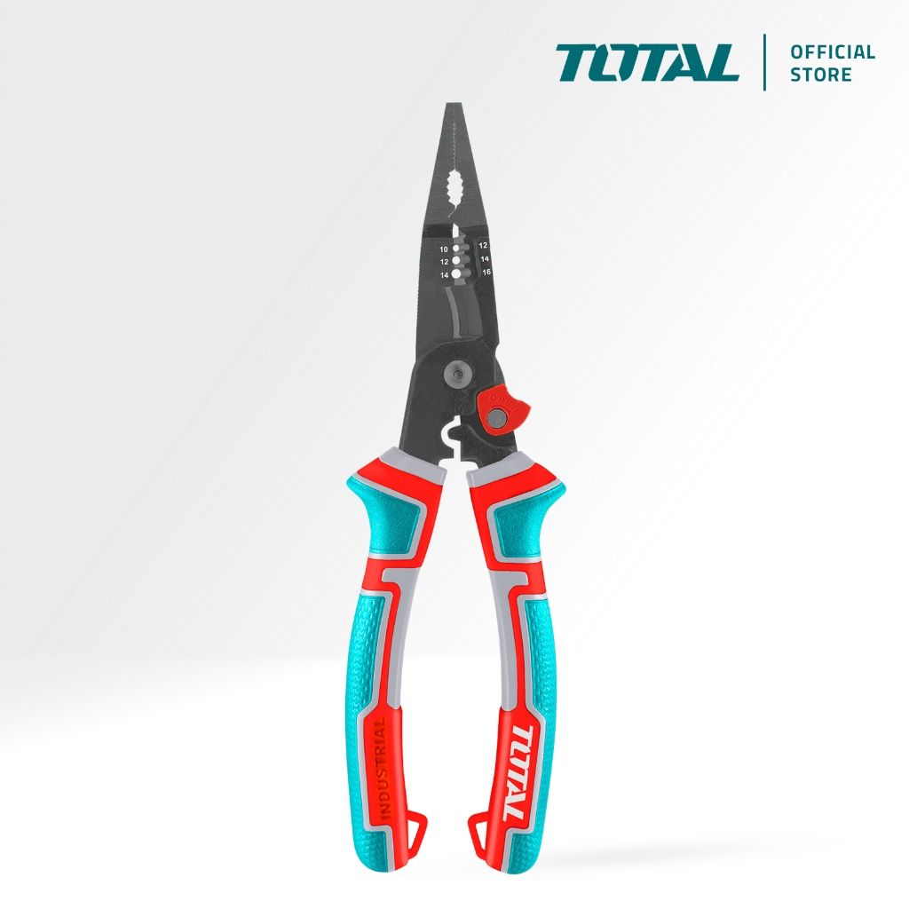 TOTAL 6-IN-1 MULTI-FUNCTION LONG NOSE PLIERS (8") FOR CUTTING CLAMPING CRIMPING REAMING STRIPPING THTMF286