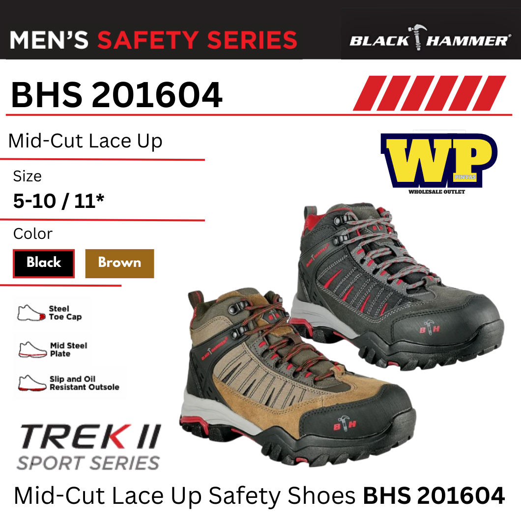 BLACK HAMMER TREK II SPORT SERIES MID-CUT LACE UP SAFETY SHOES - BHS 201604 / BLACK HAMMER / BLACK SAFE / MID-CUT LACE UP / SAFETY SHOES / SAFETY BOOTS / FOOT PROTECT / KASUT KILANG / KASUT KESELAMATAN / BHS 201604