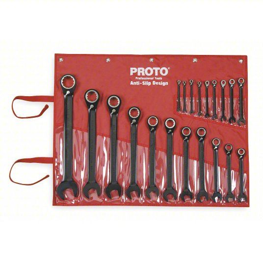 PROTO Combination Wrench Set: Alloy Steel, Black Chrome, 20 Tools, Offset, Reversing, Tool Roll