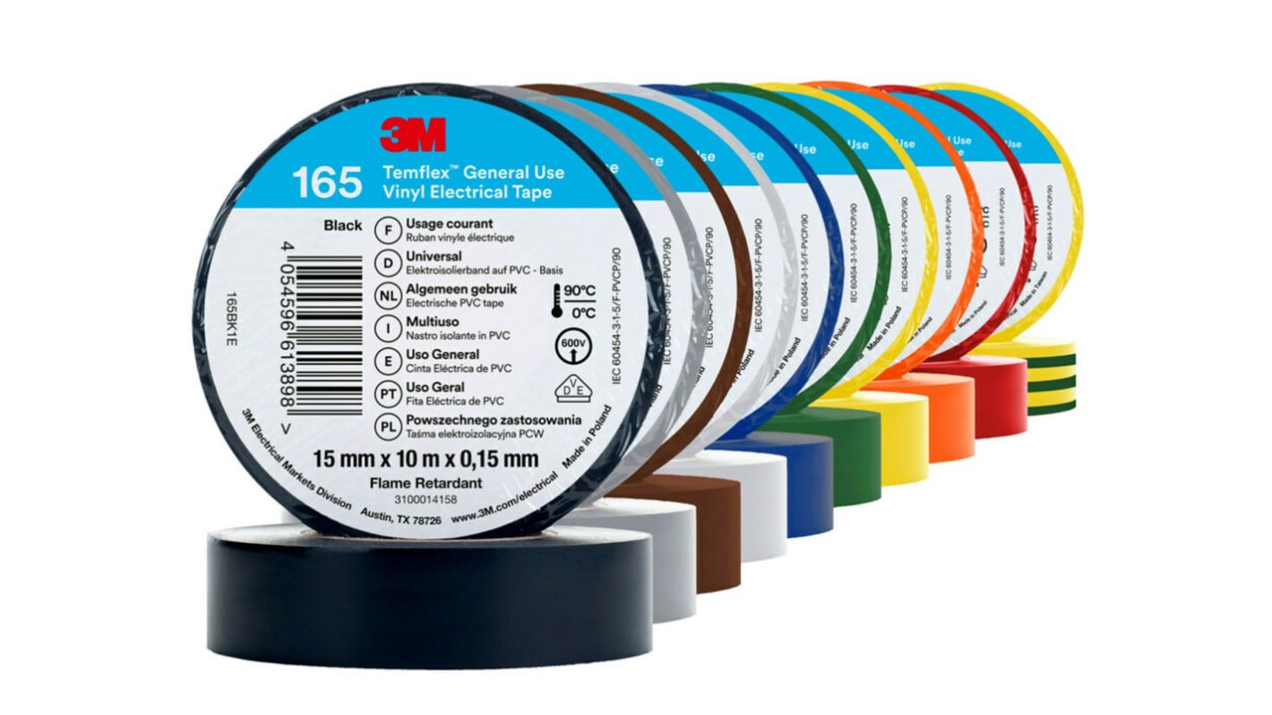 3M Temflex 165 Assorted Vinyl Electrical Tape, 15mm x 10m - VARIOUS COLOUR
