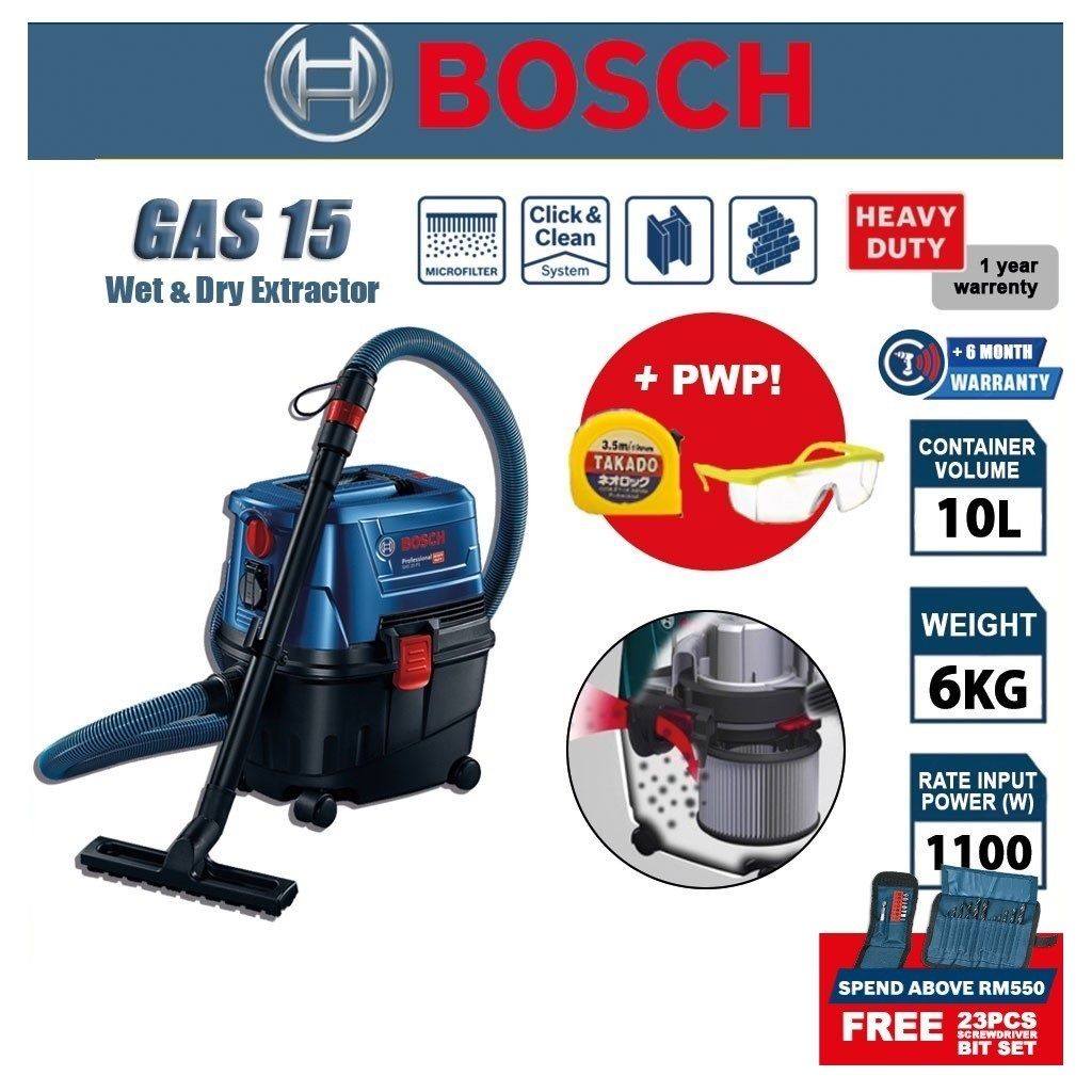 BOSCH GAS 15 Professional The Hazard Free Wet & Dry Vacuum Cleaner Heavy Duty